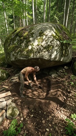 Building a Secret House Under a Giant Rock Deep in the Forest Full Process #usa