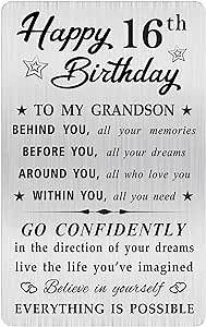 MOQIYXL Grandson 16th Birthday Card, Happy 16th Birthday Grandson Gifts Ideas, Small Engraved Wallet Card