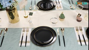LIYH 210 Black Gold Plastic Dinnerware Set, Black Disposable Plates, Gold Plastic Silverware for Dinner Plates, Dessert Plates, Cups, Disposable Silverware, Napkins New Years Eve Party Supplies