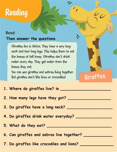 Reading about giraffes worksheet