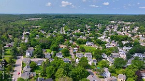 Rockport historic town center aerial view in residential area near waterfront village of Rockport, Massachusetts MA, USA.