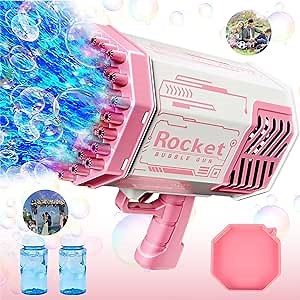 Bubble Gun Bazooka with 69 Holes and Lights, Rocket Boom Bubble Blower for Adults Kids, Rocket Launcher Bubble Machine Gun, Outdoor Toys Gift for Christmas Party Favors Birthday Wedding, Pink