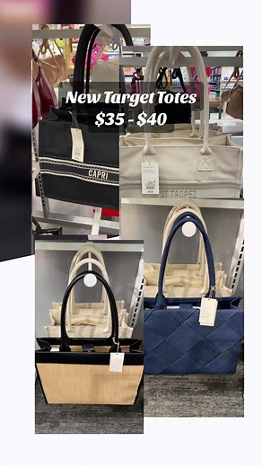 Target has new handbag totes in, none scanned on the app but here are the basic deets. Check out in store! Brand: A New Day Capri & St. Tropez $30 each Both have a zipper closure, light in weight, comfy soft, but sturdy handles and medium structure. Weave with black trim & criss cross navy, both $40 (comes in all black not shown). These have a snap closure, medium weight, firm straight up handles and very structured. All great quality for spring & summer travels or everyday! Low quantities but t