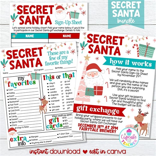 Secret Santa Questionnaire, Wishlist, and Flyer | Editable Favorite Things Survey | Holiday Secret Gift Exchange Printables | Edit on Canva - Etsy
