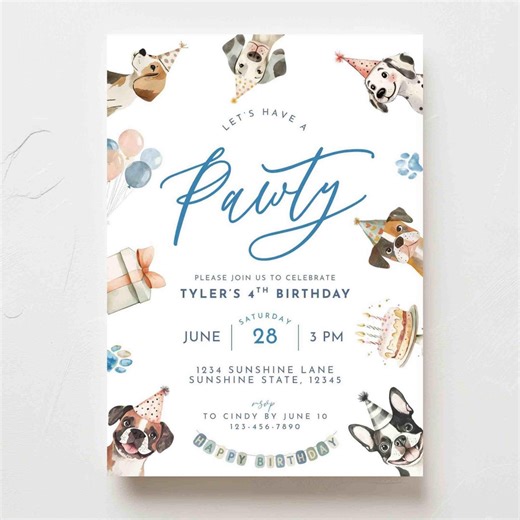 Dog Party Birthday Invitation, Editable Puppy Party, Blue Boy Birthday Invitation Canva Template, Digital Download, Editable Dog Theme Party - Etsy