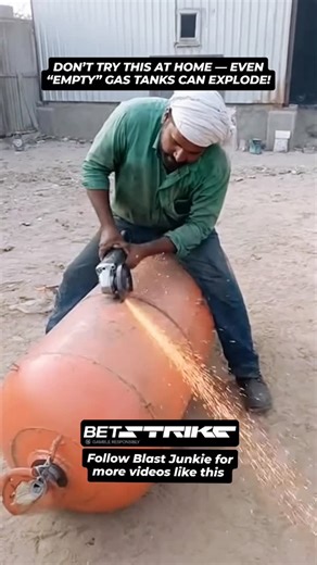 4.4K views · 37 reactions | This clip shows just how dangerous it can be to cut into any pressurized container. Even with no visible gas left, heat and sparks from tools like an angle grinder can ignite residues inside.  Always depressurize and professionally purge tanks before any metalwork. Stay safe. Stay smart. #SafetyFirst #DangerousMistakes #LearnFromThis #AwarenessVideo #DIYFails #StaySafe #ViralSafety #LifeLessons #EngineeringFails #RiskAwareness | Blast Junkie | Facebook