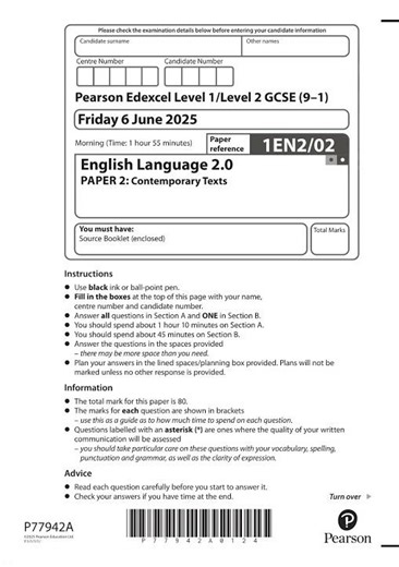 Pearson EDEXCEL GCSE English Language 20 Paper 2 2025