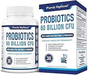 Purely Optimal Probiotics for Digestive Health, 60 Billion CFU – Delayed-Release with Digestive Enzymes & Organic Prebiotics – Bloating, Immune & Energy Support, 30 Caps