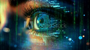 Seamless looping 4k time-lapse animation video background of a close-up eye with digital data integration in a futuristic setting.