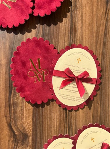 Elegant Round Wedding Invitation | Velvet Scalloped Design | Satin Ribbon Invite | Custom Monogram Suite - Etsy