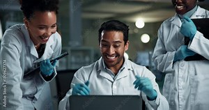 Scientist, group and high five in laboratory, happy and medical research with pharma development with laptop. People, man and women with celebration, drugs and cheers for breakthrough with vaccine