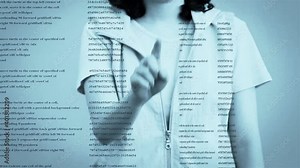 A woman touches a screen to reveal an animation of computer code on the light blue screen