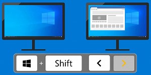 【 Windows 10 ：マウスいらず！サブディスプレイにウィンドウを移動】 マルチディスプレイで PC を使用する際、マウスで別の画面にウィンドウを移動させるのは少し手間なもの。 「Windows ロゴキー ＋ Shift ＋ ＜ or ＞」で、デスクトップ上のウィンドウを別の画面に簡単に移動できます。 | Windows