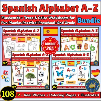 Spanish Alphabet Bundle A–Z | Flashcards   Trace & Color Beginning Sounds