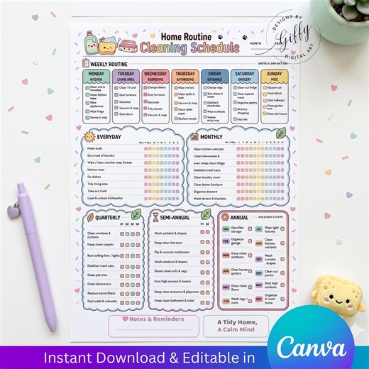 Cute Cleaning Schedule Planner Printable, Kawaii House Cleaning Checklist, Weekly Monthly Chore Chart, Editable Canva PDF - Etsy