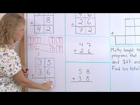 Regrouping with tens (carrying to tens) - two-digit addition