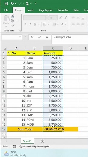 sum formula in excel #excel #exceltutorial