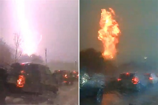 Dramatic footage captures wild moment lightning strikes electric pole before fireball is shot alongside AM commuters