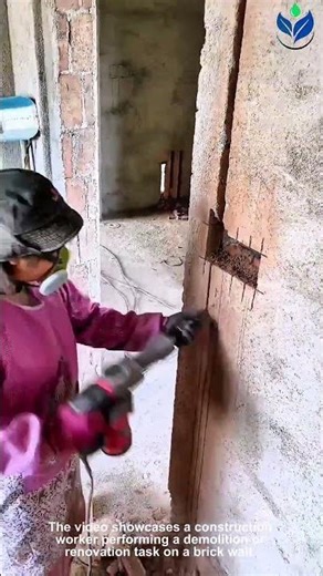 Demolition Work Jackhammer Cutting Vertical Groove In Rough Brick Wall Power 💪