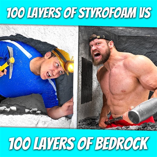 3.7M views · 24K reactions | 100 Layers of Styrofoam vs 100 Layers of Bedrock | JustDustin | Facebook