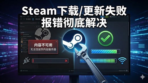 Steam游戏下载/更新失败，彻底解决“内容不可用/无法连接到内容服务器/无互联网连接”