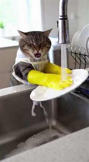 Angry Cat Washes Dishes