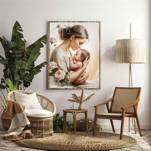 Mother Baby Art Canvas, Neutral Floral Print, Beige Nursery Decor