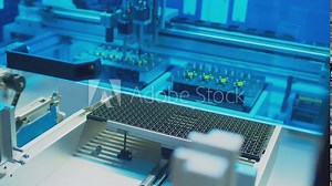 Assembly of a complex electronic board by an industrial robot. Modern electronics production on a CNC machine. Close-up. Stock Video