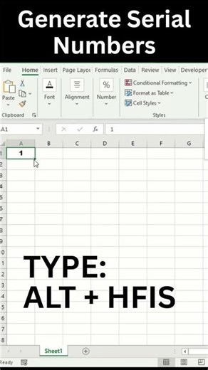 Generate Serial Numbers in Excel (ALT+HFIS) ⚡ 1 Sec Trick #shorts #excel #computerskills