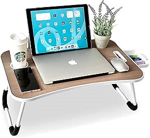 unycos - Folding Lap Desk Portable - Fits up to 17 Inches, Bed Tray Table, Space for Phone/Tablet/Cup | Breakfast Tray, Working, Reading, Eating, Watching Movies 60x40x26cm (Walnut with Drawer)