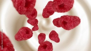 Raspberries spiraling and falling in the liquid milk slow motion