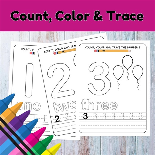 Tracing Worksheet, Count, Color and Trace, Number Practice Sheets, Color in Numbers, Preschool /kindergarten - Etsy
