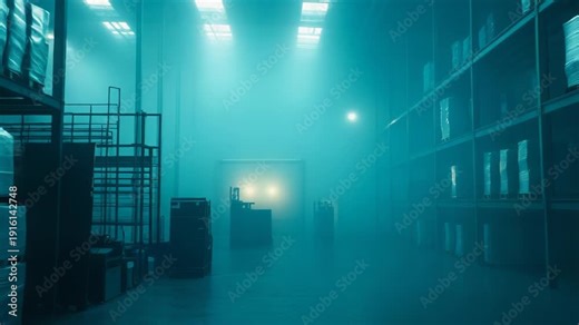 Industrial warehouse interior immersing in thick fog and blue ambient light, creating a mysterious atmosphere with racks of stored goods and a faint forklift visible in the distance