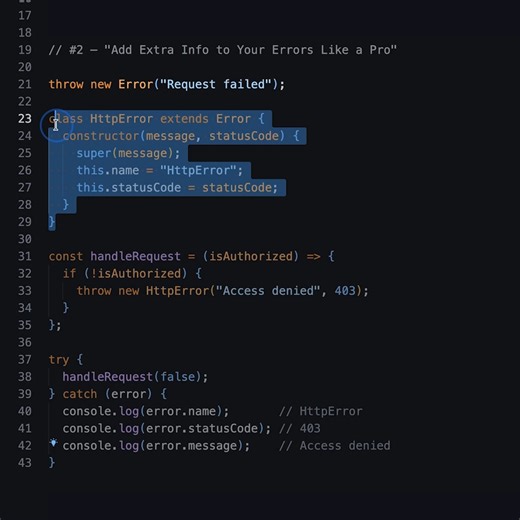 Fullstack Flow on Instagram: "A basic error message is rarely sufficient in real-world applications. Learn how to extend the Error class to attach custom properties like status codes to your errors — so when something breaks, you actually know what to do about it."