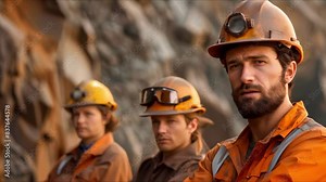 Engineer and technician workers in a mining district. Concept Mining Equipment, Industrial Tools, Safety Regulations, Teamwork, Underground Operations