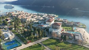 Portonovi Montenegro - seaside resort on the coast of Boka Kotor Bay, in Kumbor, near Herceg Novi. Aerial view of luxurious villas and apartments on the Mediterranean, travel and tourist destination.