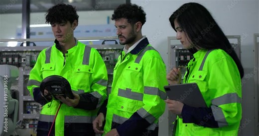 Robotic engineer in safety gear operates a control panel in an industrial setting, highlighting the integration of robotics and human expertise in modern manufacturing facility.