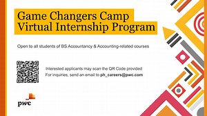 Do you have what it takes to be a game changer? Unlock your potential and be part of PwC Philippines’ virtual internship program. Engage with experienced professionals and learn about Assurance, Advisory and Tax services. This opportunity is open to students currently taking BS Accountancy and other accounting-related courses. Apply now by scanning the QR code or clicking this link: https://forms.gle/jhxCnJbn2AMSf2527 | PwC Philippines