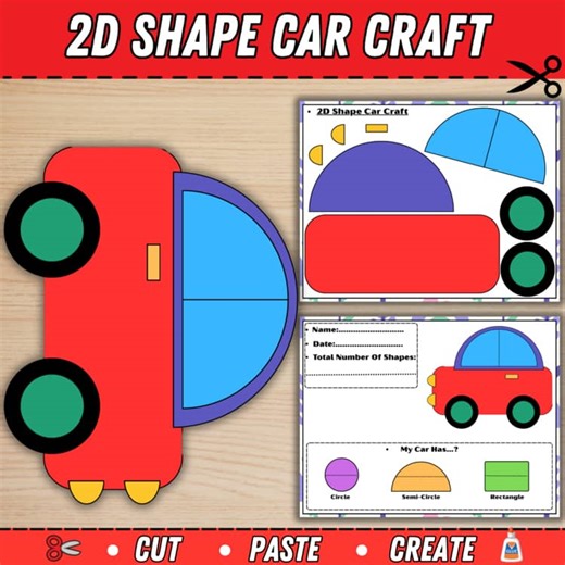2D Shape Car Craft Activity | Shapes Math Craft | Transportation Craft for Kids