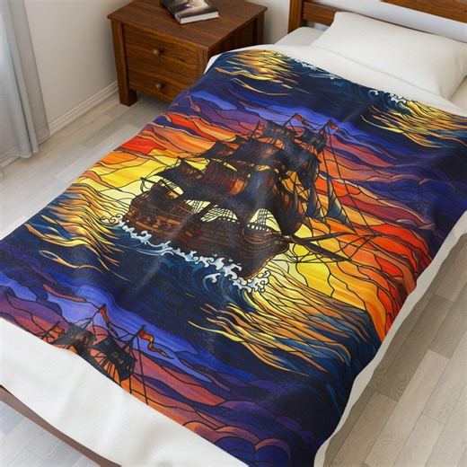 Personalized Pirate Ship Blanket, Stained Glass Ocean Sunset Fleece Throw, Deep Blue Sea AI Art Decor, Custom Gift for Adventure Lovers - Etsy