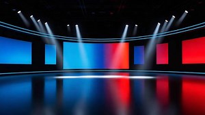 Download Panoramic modern broadcast studio with red and blue LED panels and reflective floor for free