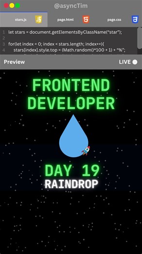 Tim | HTML - CSS - JAVASCRIPT on Instagram: "Raindrop in HTML and CSS | Day 19 of Frontend Development In this episode we used a small trick with the border-radius to create a raindrop shape. Essentially what we did is to round all corners but one and rotate the shape in its correct position afterwards. In the end, we get a perfect raindrop-like shape! 😎💪 Thank you so much for watching! If you have any questions, feel free to comment them below! ———————————— 👉 For more Frontend Development & 