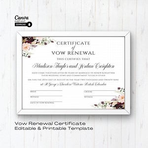 Editable Vow Renewal Certificate Template: Floral Wedding Keepsake (printable) - Etsy