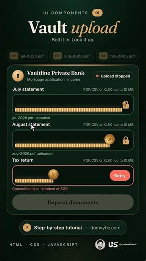 Vault upload: a file input where a gold coin rolls your file into the lock (HTML, CSS & JS)