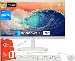 HP All-in-One Desktop Computer, 21.5" FHD Display, Intel Celeron J4025 Processor, Office Lifetime License, 16 GB RAM, 1 TB SSD, Windows 11 Pro, Wired Keyboard & Mouse, Webcam, HDMI