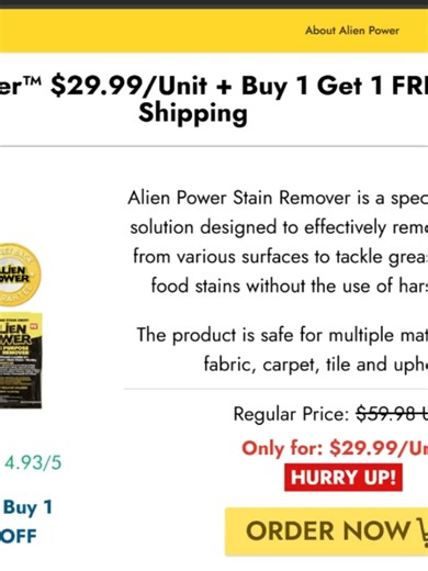 Alien Power Cleaner Reviews : Is Legit Or Scam Product? Ever seen an ad for a cleaner that promises to blast away impossible stains like it’s from another planet? That’s the claim with Alien Power Stain Remover. Your feed is full of those “before and after” videos, right? But is it a legit miracle worker or just another product that disappears with your money? Let’s break it down in plain English, no confusing jargon. First, let’s look at the official website. The site, us-alienpowercleaner.com,