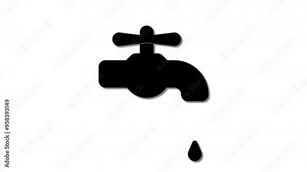 Black water tap icon with a drop symbolizes conservation. Represents water use, plumbing, and environmental awareness.