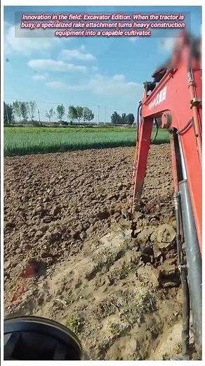 Excavator Farming: Cultivating Field with Rake Attachment Tool.
