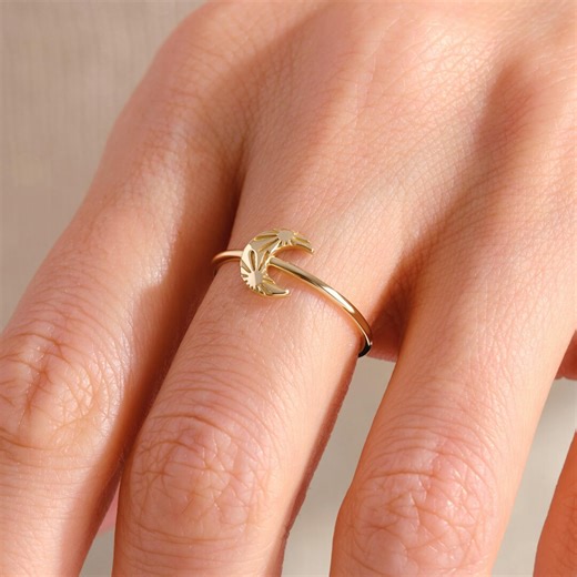 14K Solid Gold Crescent Moon Ring, Sun Texture Stacking Rings - Etsy
