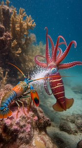 An intense underwater moment — a colorful mantis shrimp confronts a vibrant squid in a dramatic ocean encounter. #UnderwaterPhotography #MantisShrimp #SquidLife #OceanWild #MarineCreatures | Oceanix